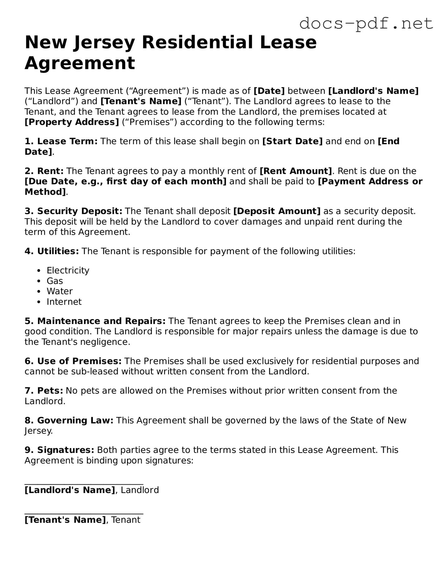 Official  Residential Lease Agreement Form for New Jersey