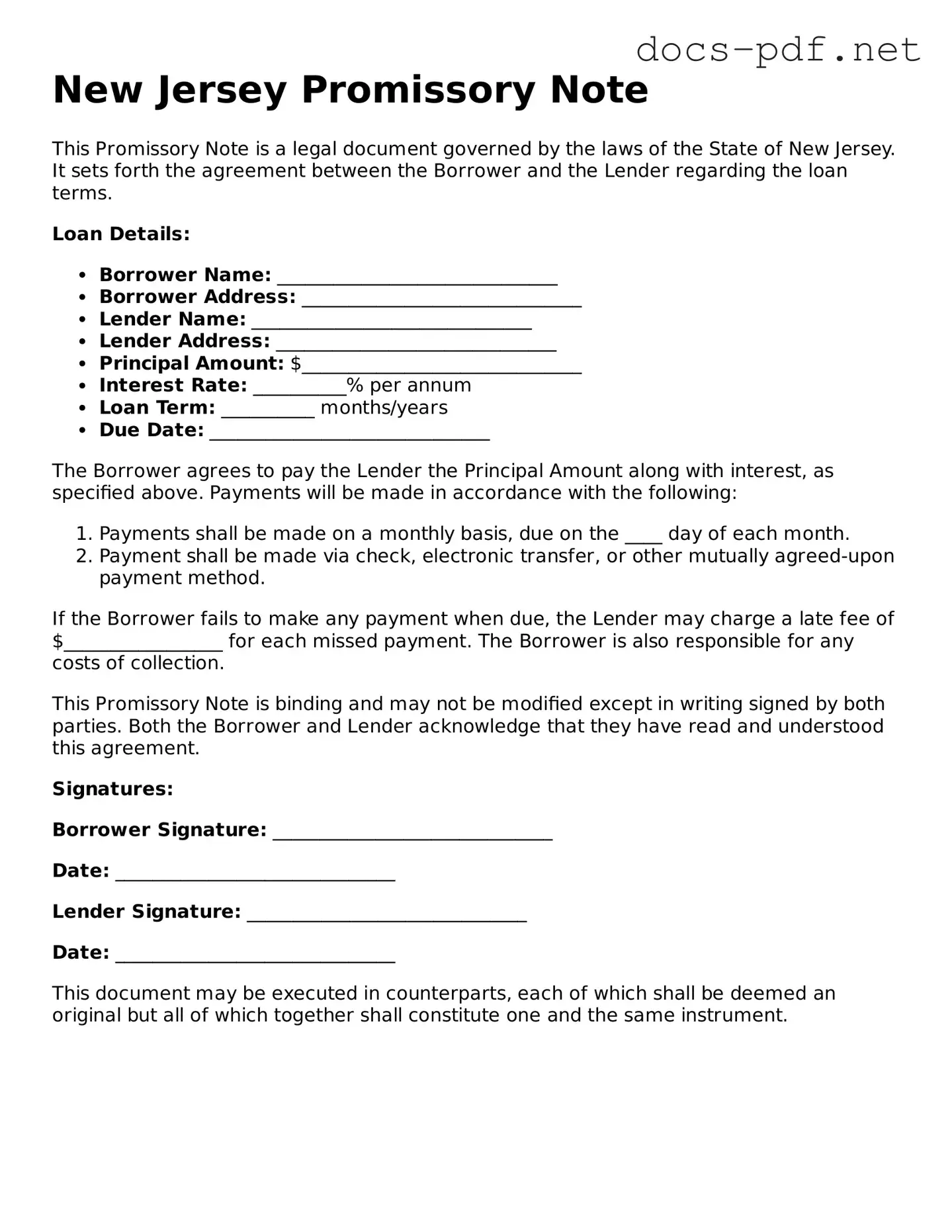 Official  Promissory Note Form for New Jersey