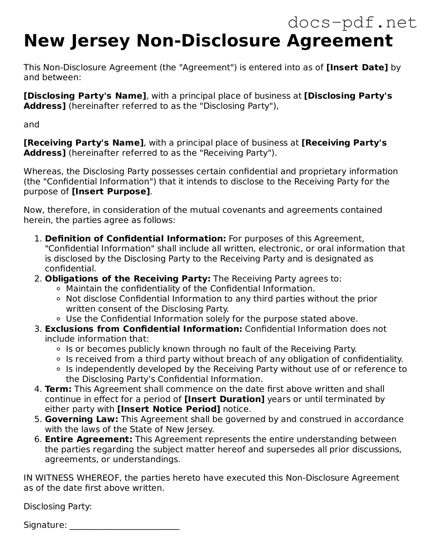 Official  Non-disclosure Agreement Form for New Jersey