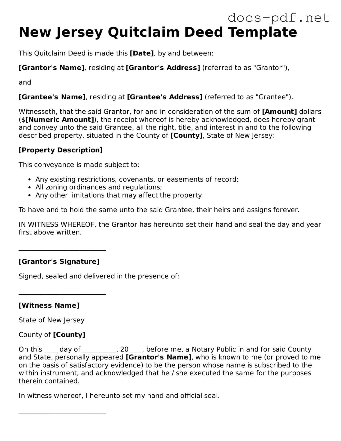 Official  Quitclaim Deed Form for New Jersey