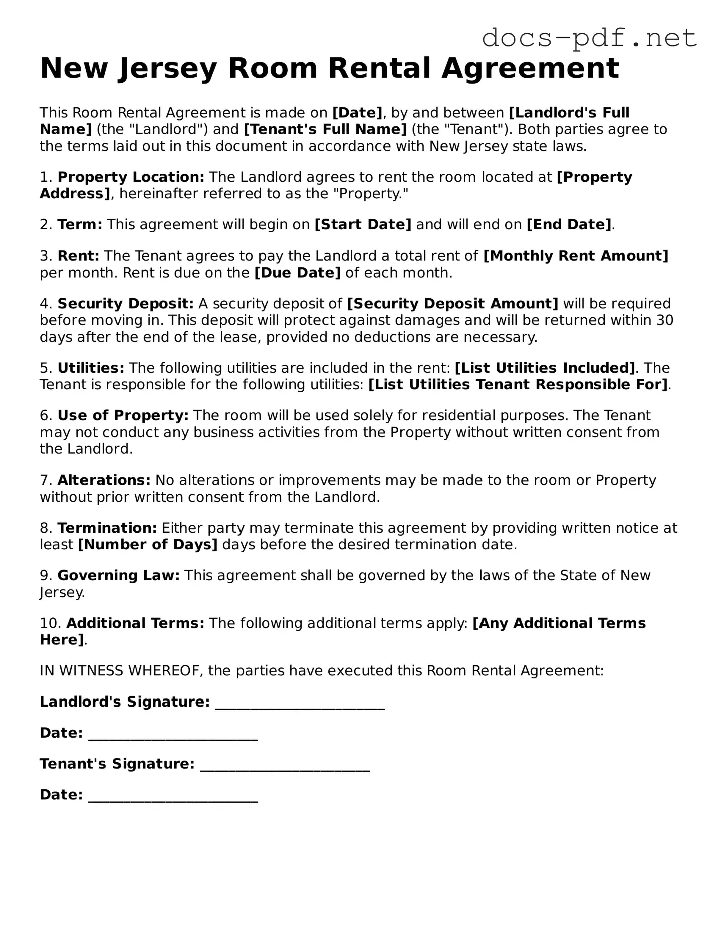 Official  Room Rental Agreement Form for New Jersey