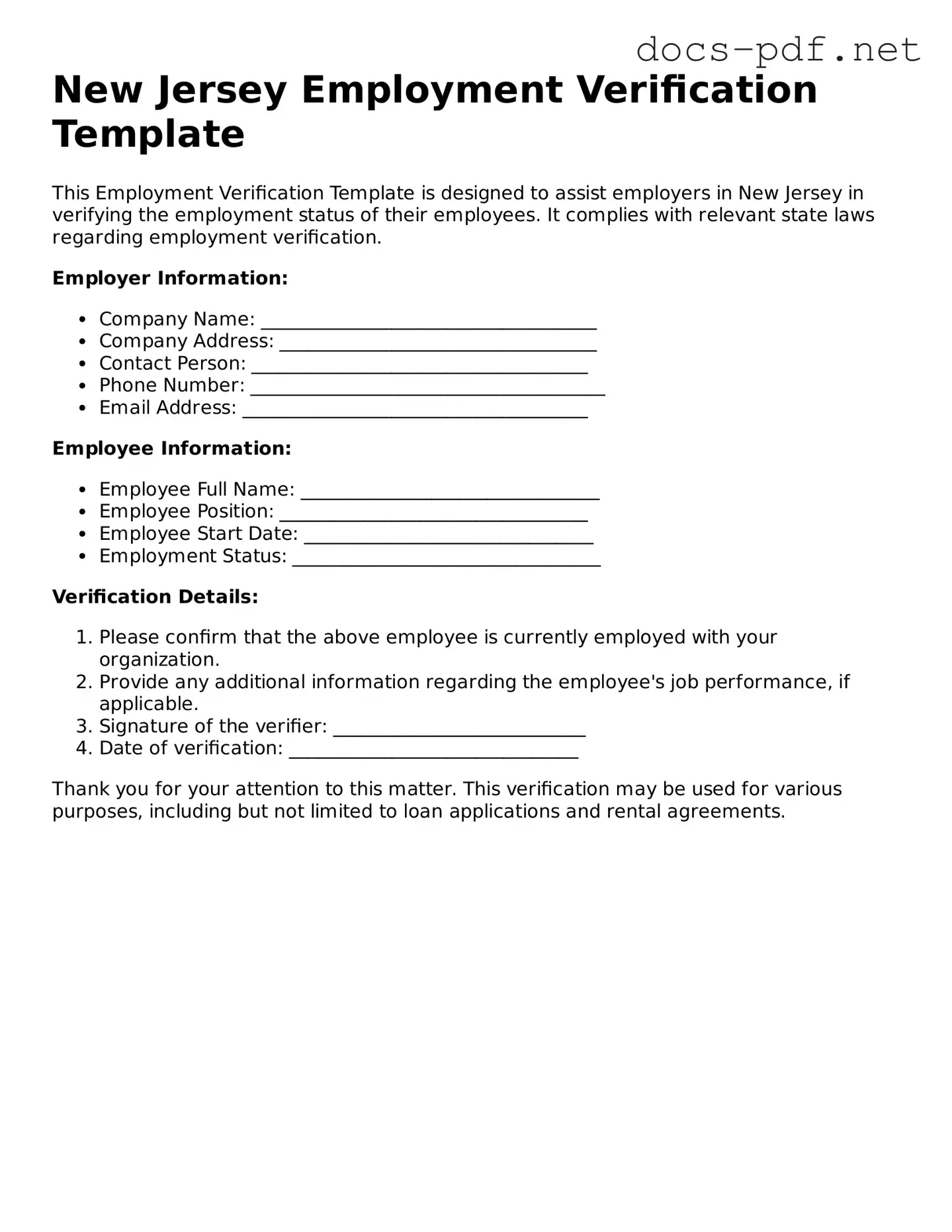 Official  Employment Verification Form for New Jersey