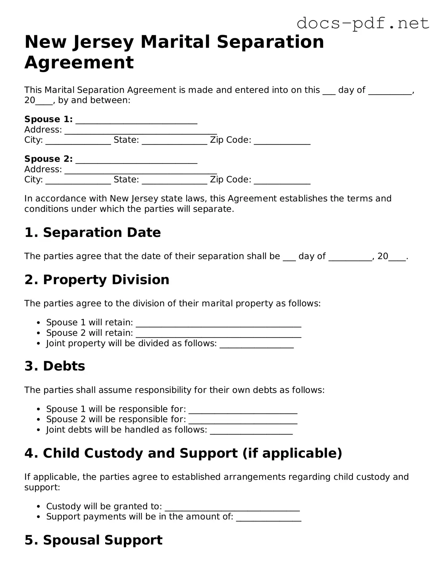 Official  Marital Separation Agreement Form for New Jersey