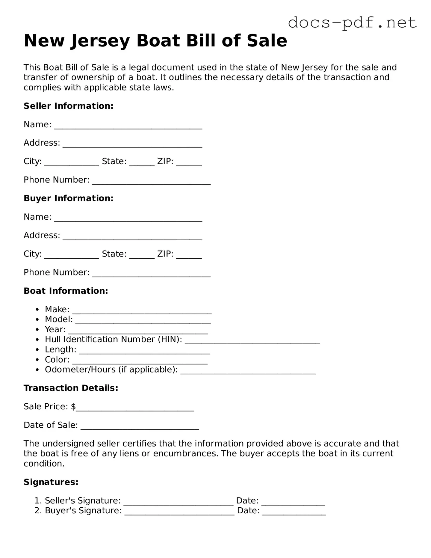 Official  Boat Bill of Sale Form for New Jersey