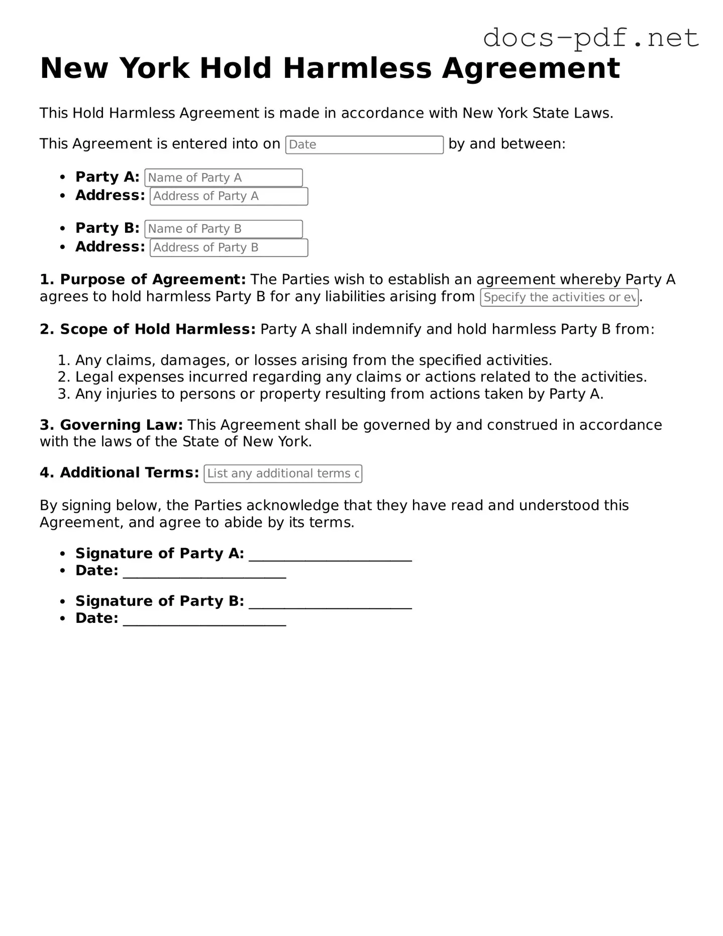 Official  Hold Harmless Agreement Form for New York