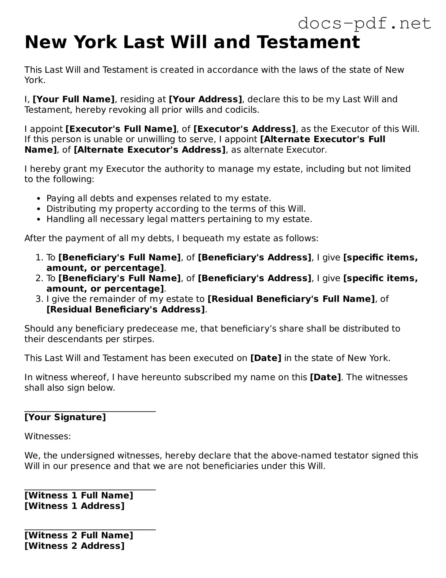 Official  Last Will and Testament Form for New York