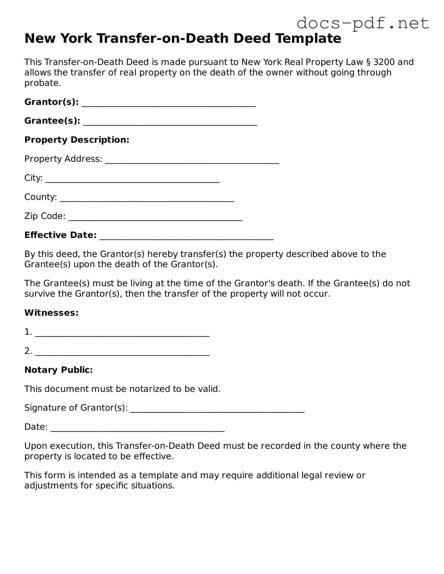 Official  Transfer-on-Death Deed Form for New York