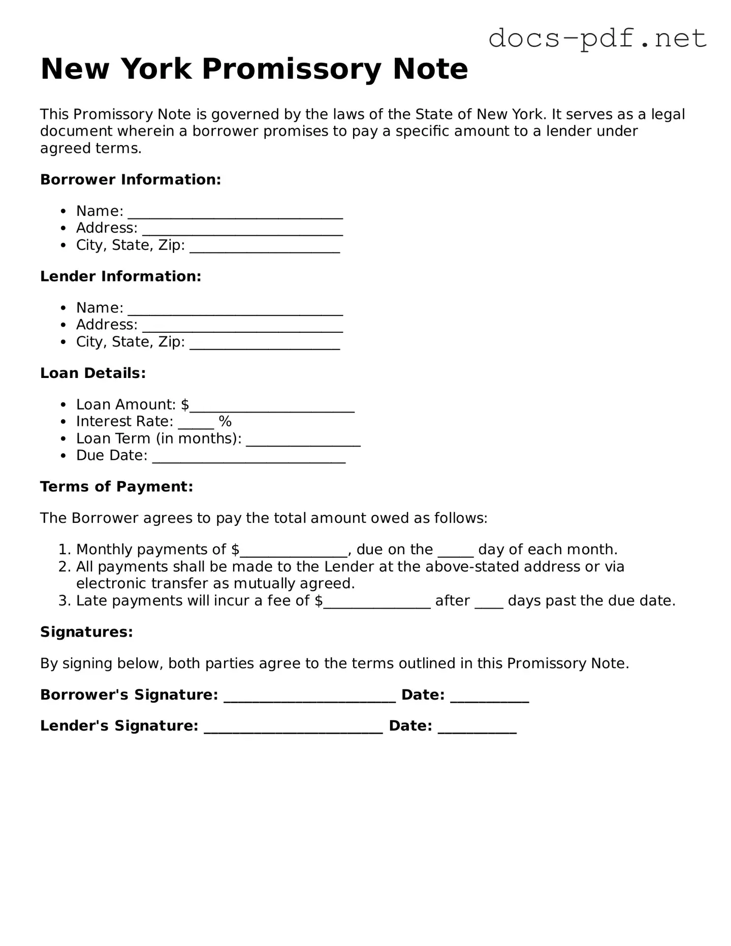 Official  Promissory Note Form for New York