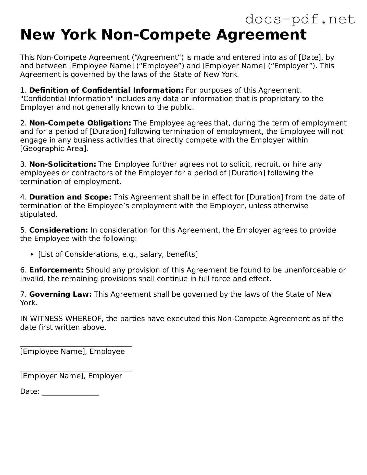 Official  Non-compete Agreement Form for New York