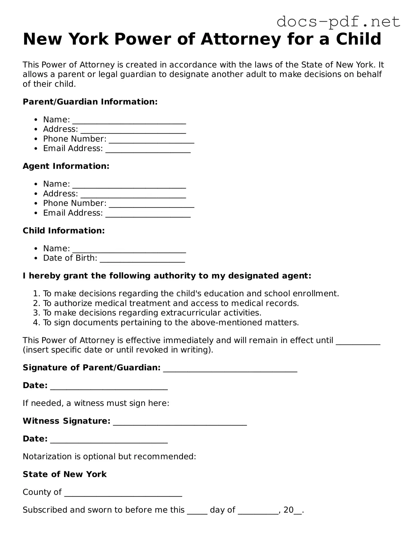 Official  Power of Attorney for a Child Form for New York