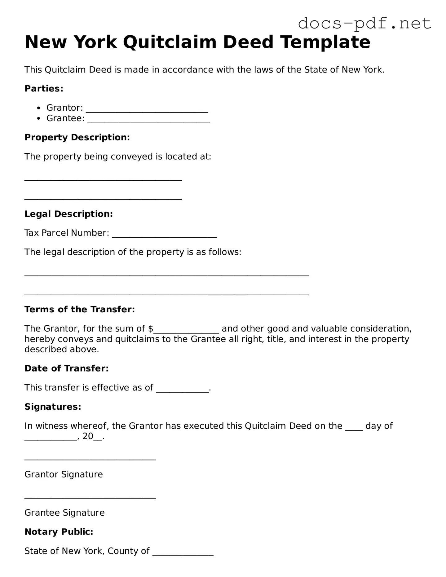 Official  Quitclaim Deed Form for New York