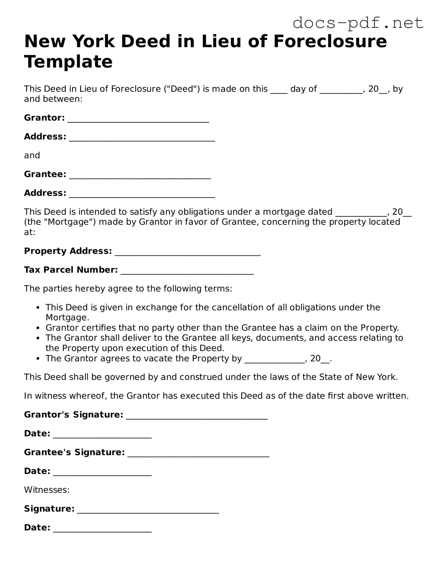 Official  Deed in Lieu of Foreclosure Form for New York
