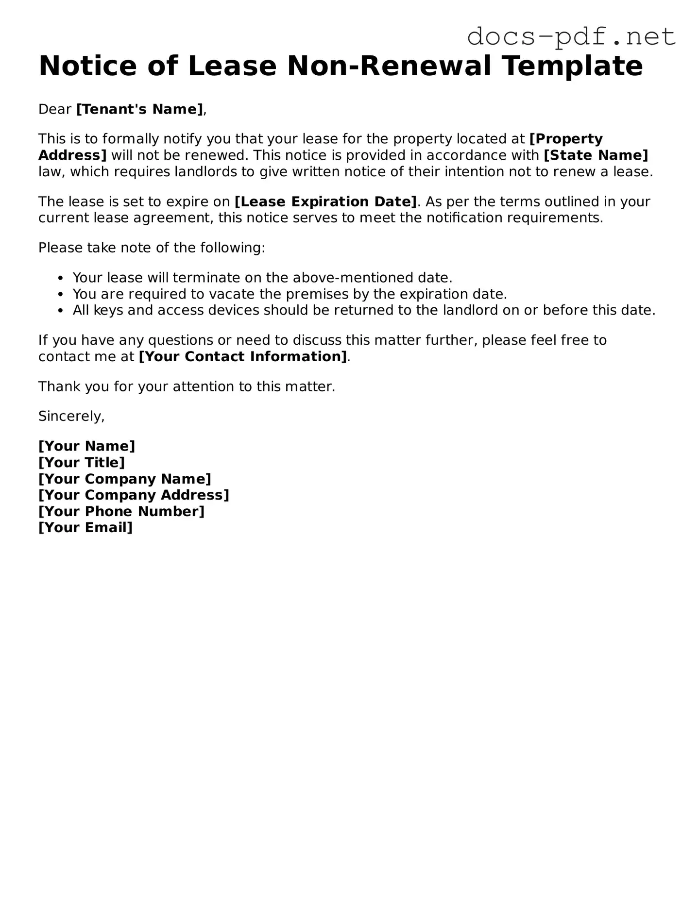 Free Notice of Lease Non-Renewal Document