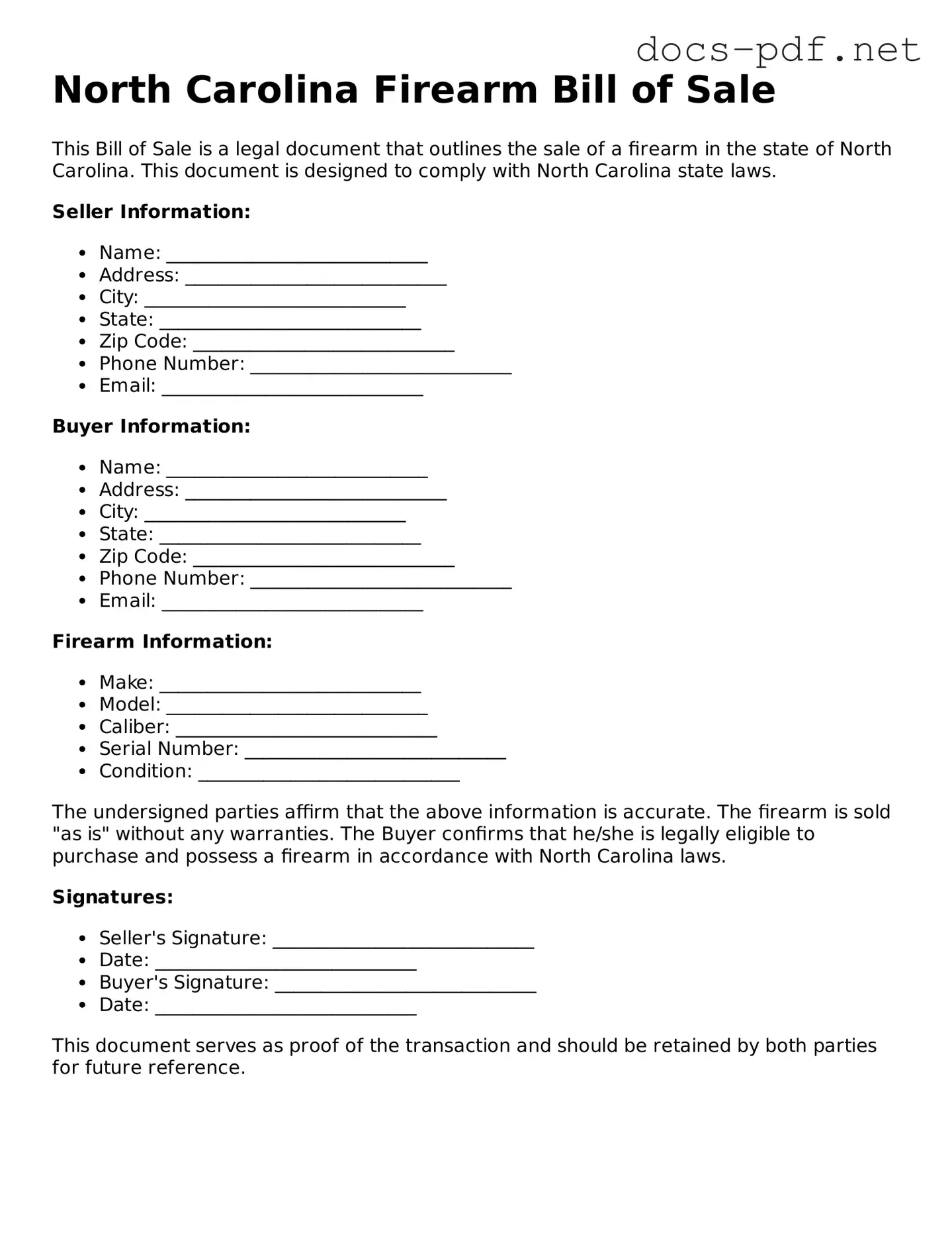 Official  Firearm Bill of Sale Form for North Carolina
