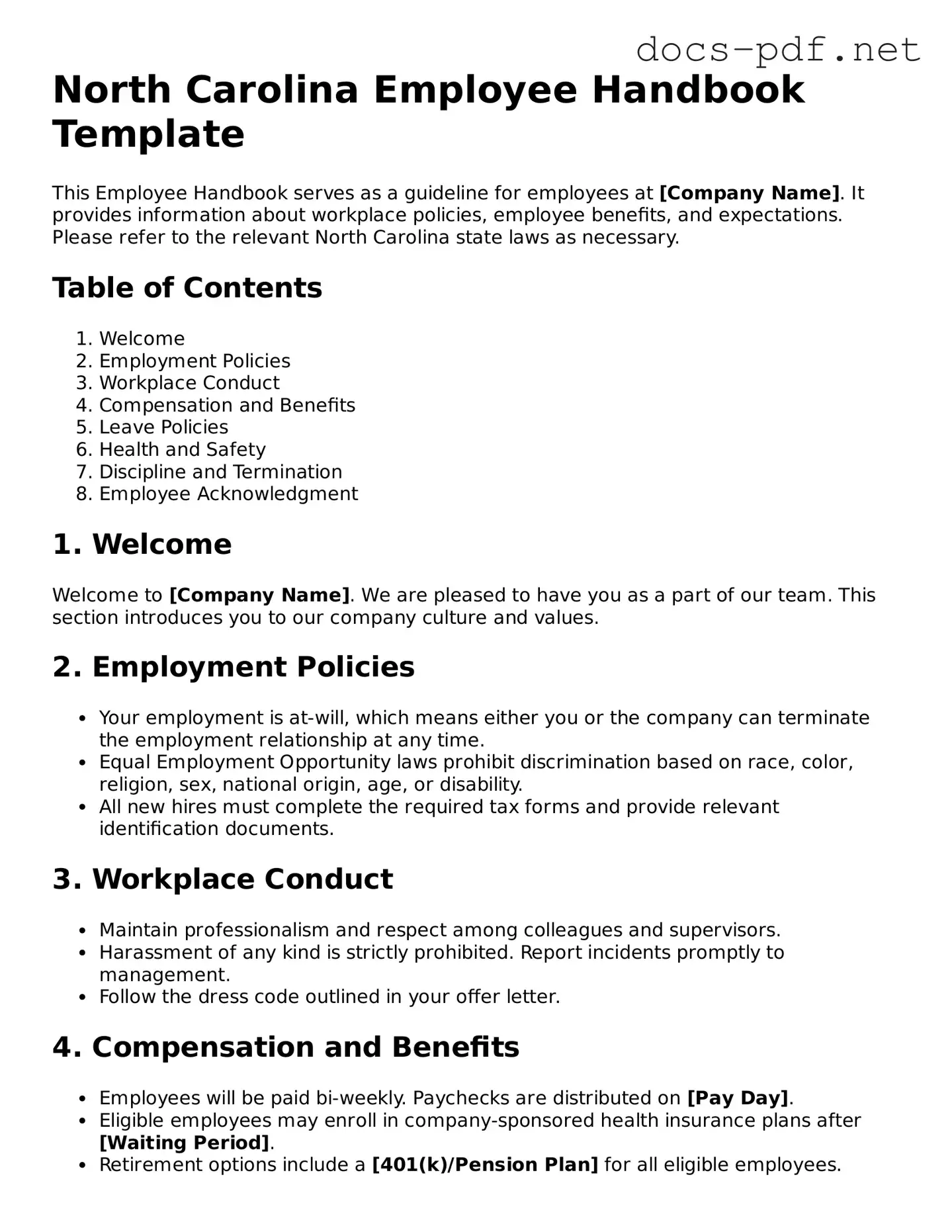 Official  Employee Handbook Form for North Carolina