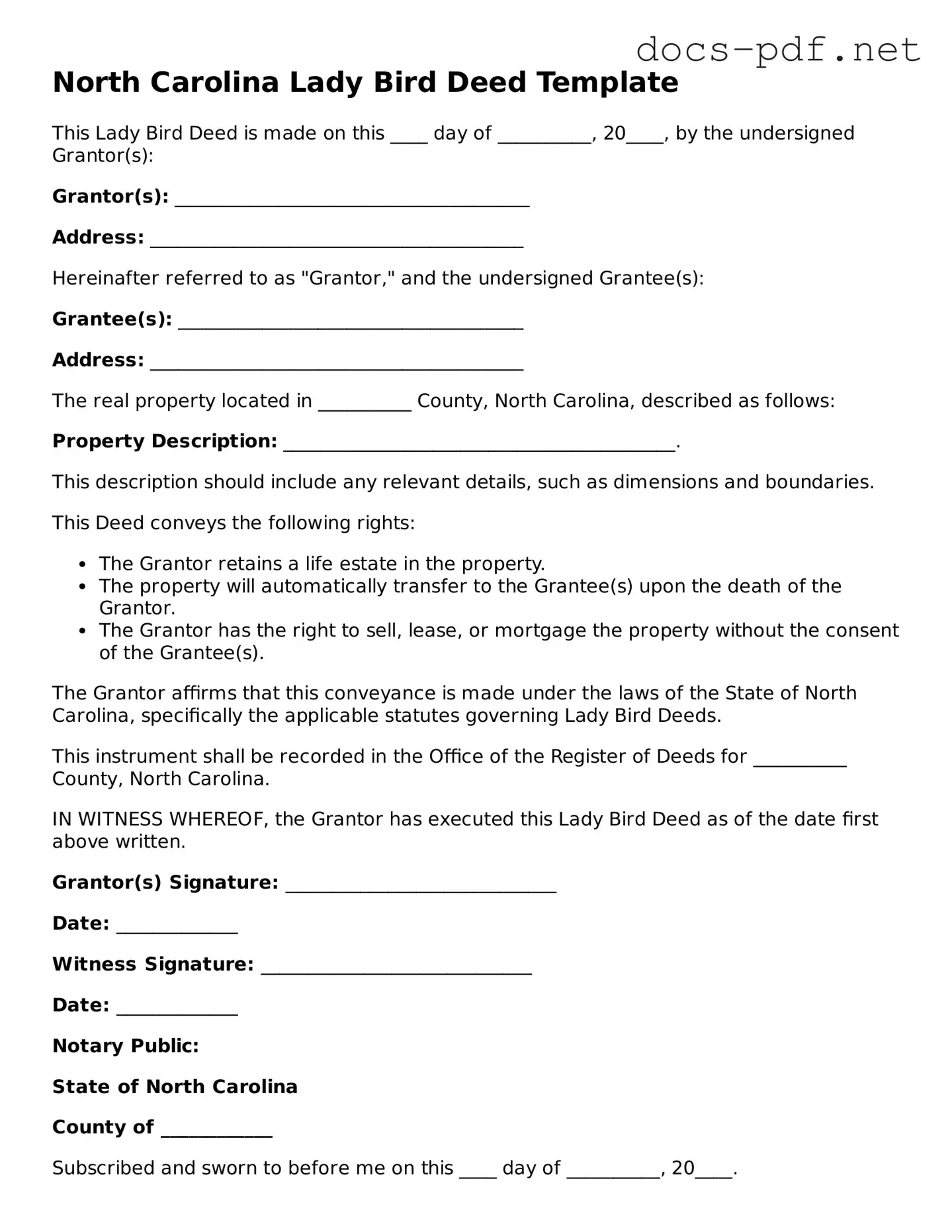 Official  Lady Bird Deed Form for North Carolina