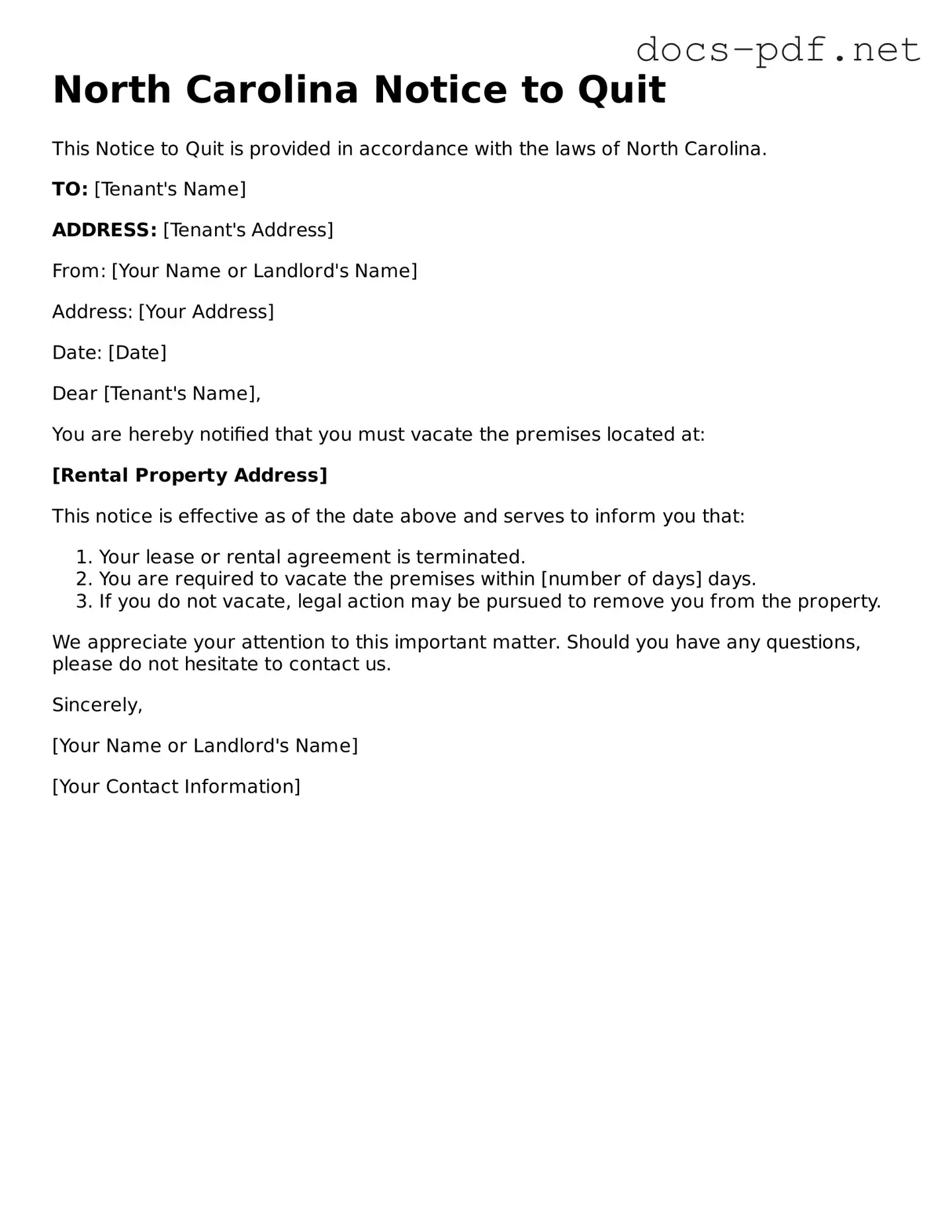 Official  Notice to Quit Form for North Carolina