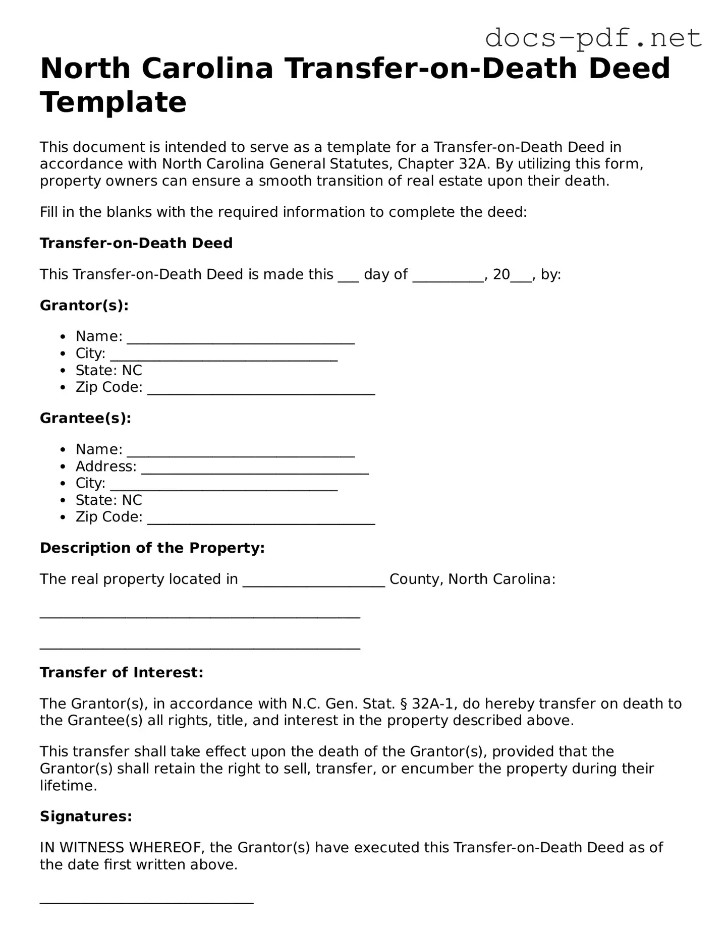 Official  Transfer-on-Death Deed Form for North Carolina