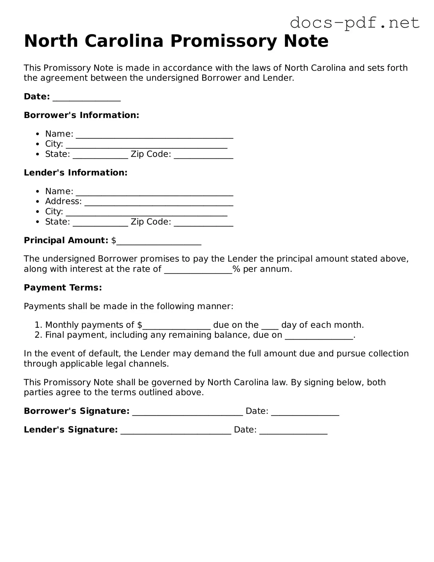 Official  Promissory Note Form for North Carolina