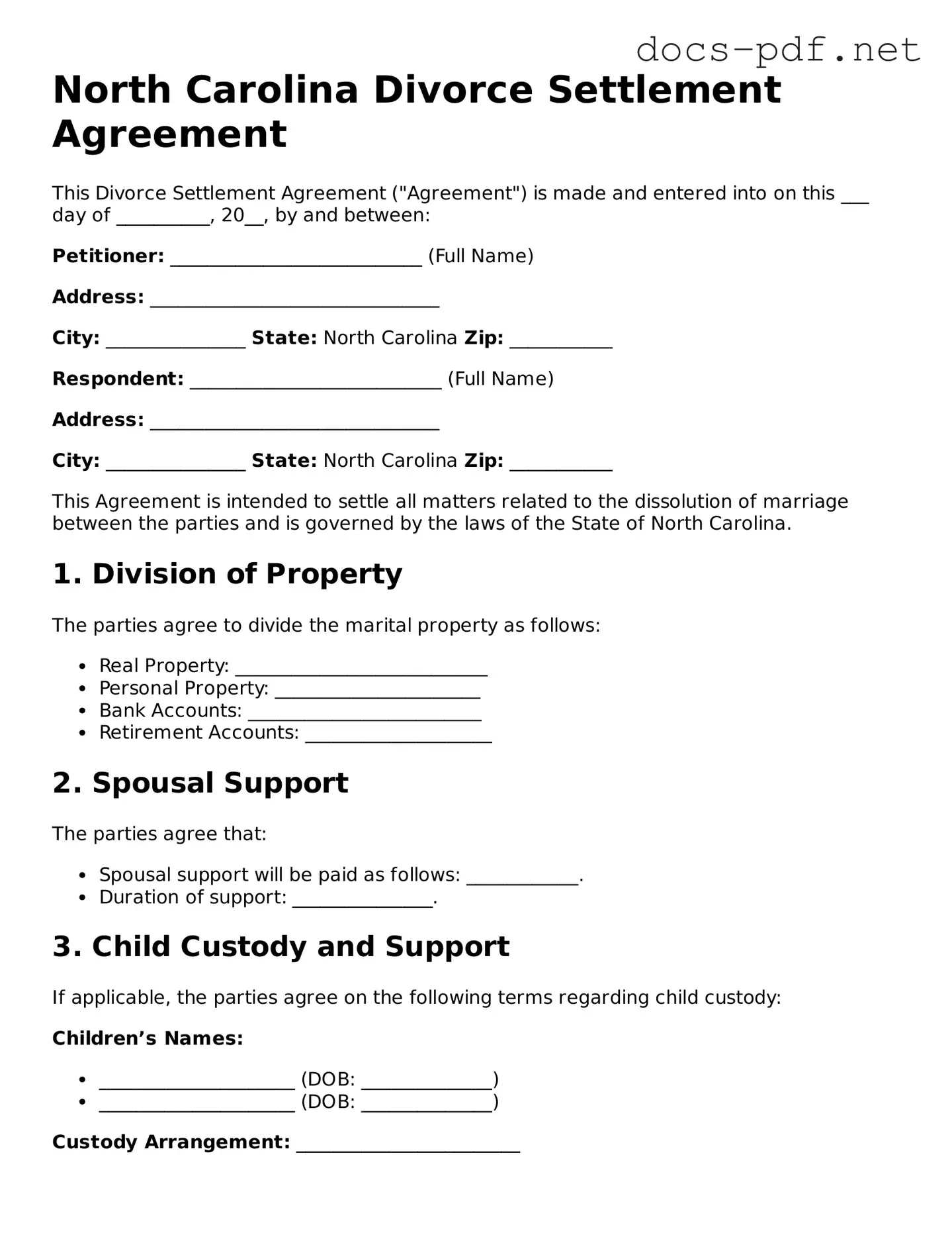 Official  Divorce Settlement Agreement Form for North Carolina