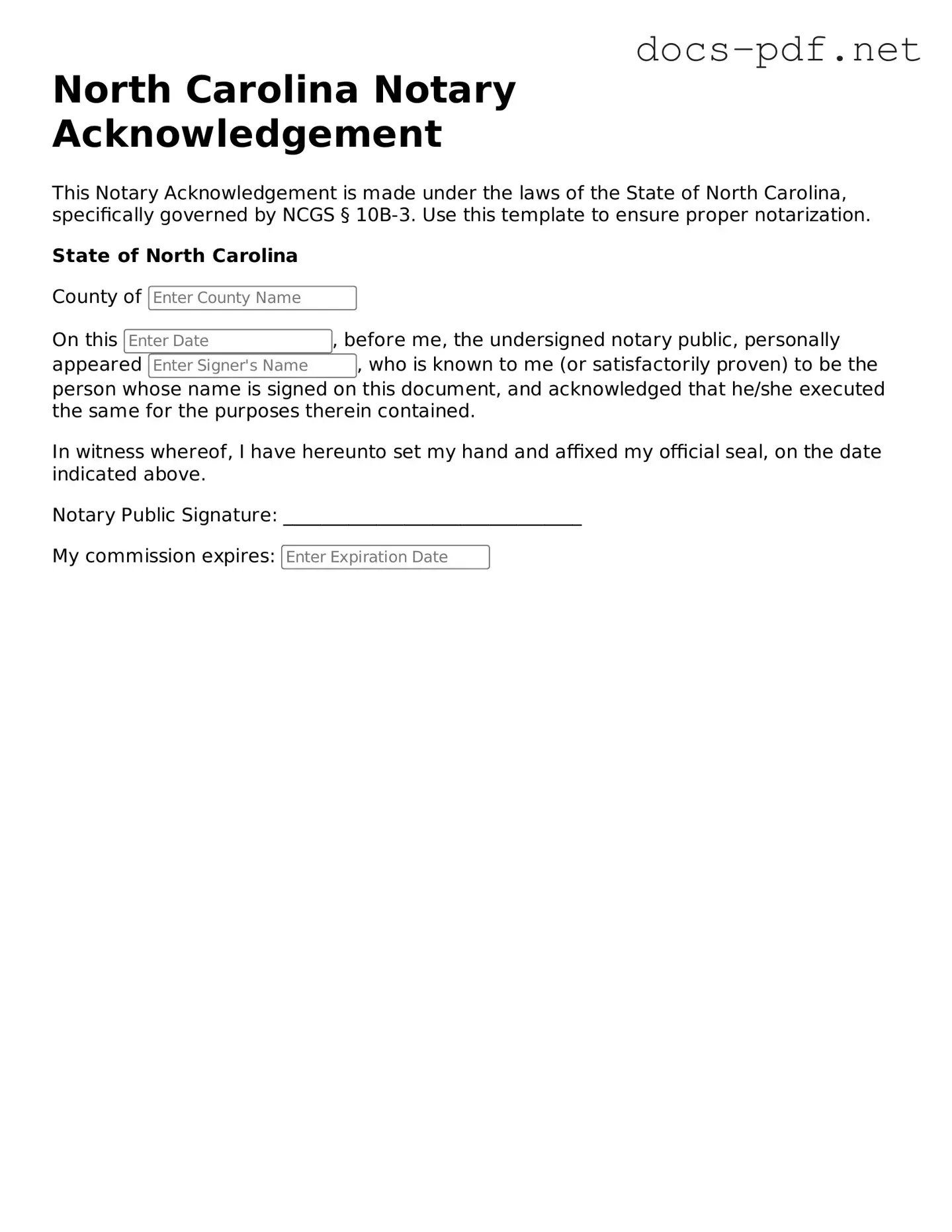 Official  Notary Acknowledgement Form for North Carolina