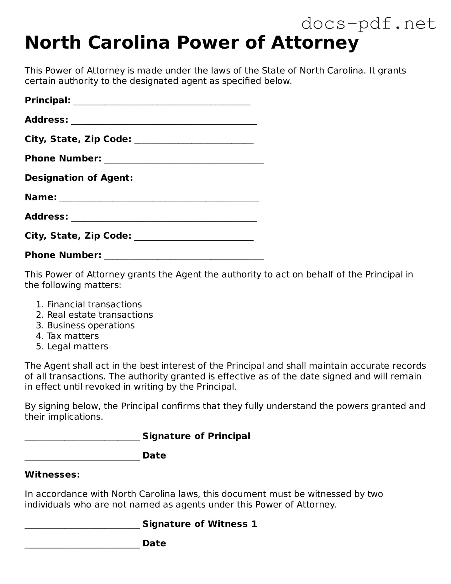 Official  Power of Attorney Form for North Carolina