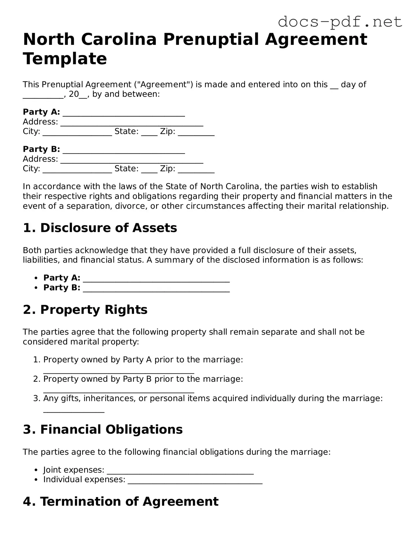 Official  Prenuptial Agreement Form for North Carolina
