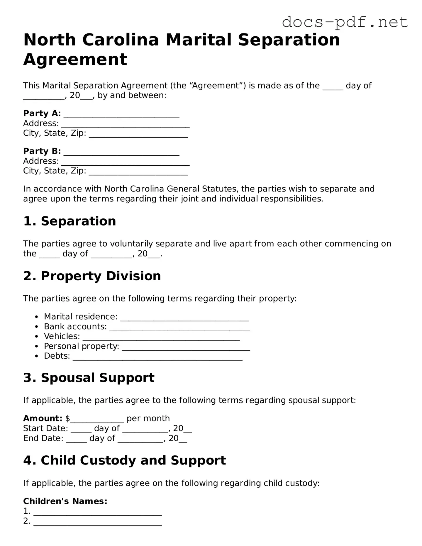 Official  Marital Separation Agreement Form for North Carolina