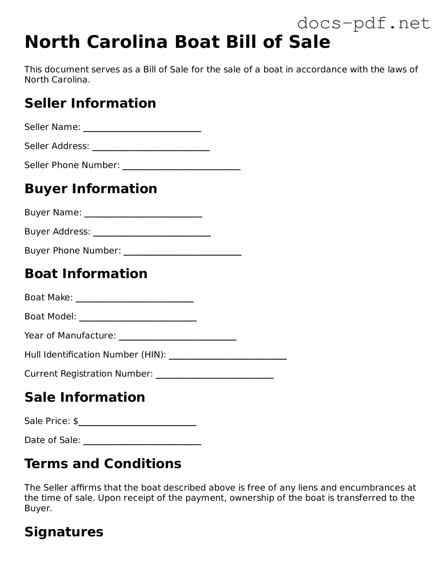 Official  Boat Bill of Sale Form for North Carolina