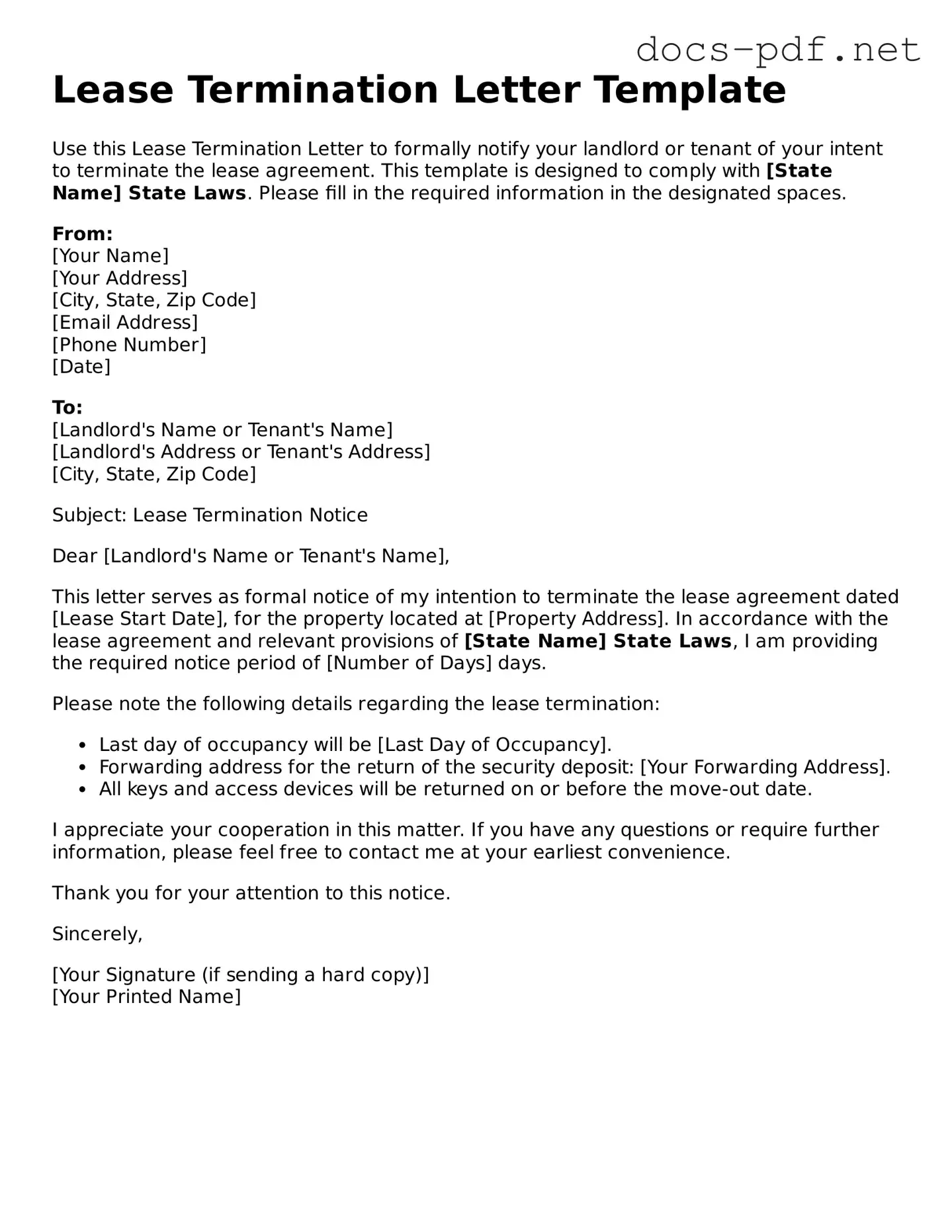 Free Lease Termination Letter Document