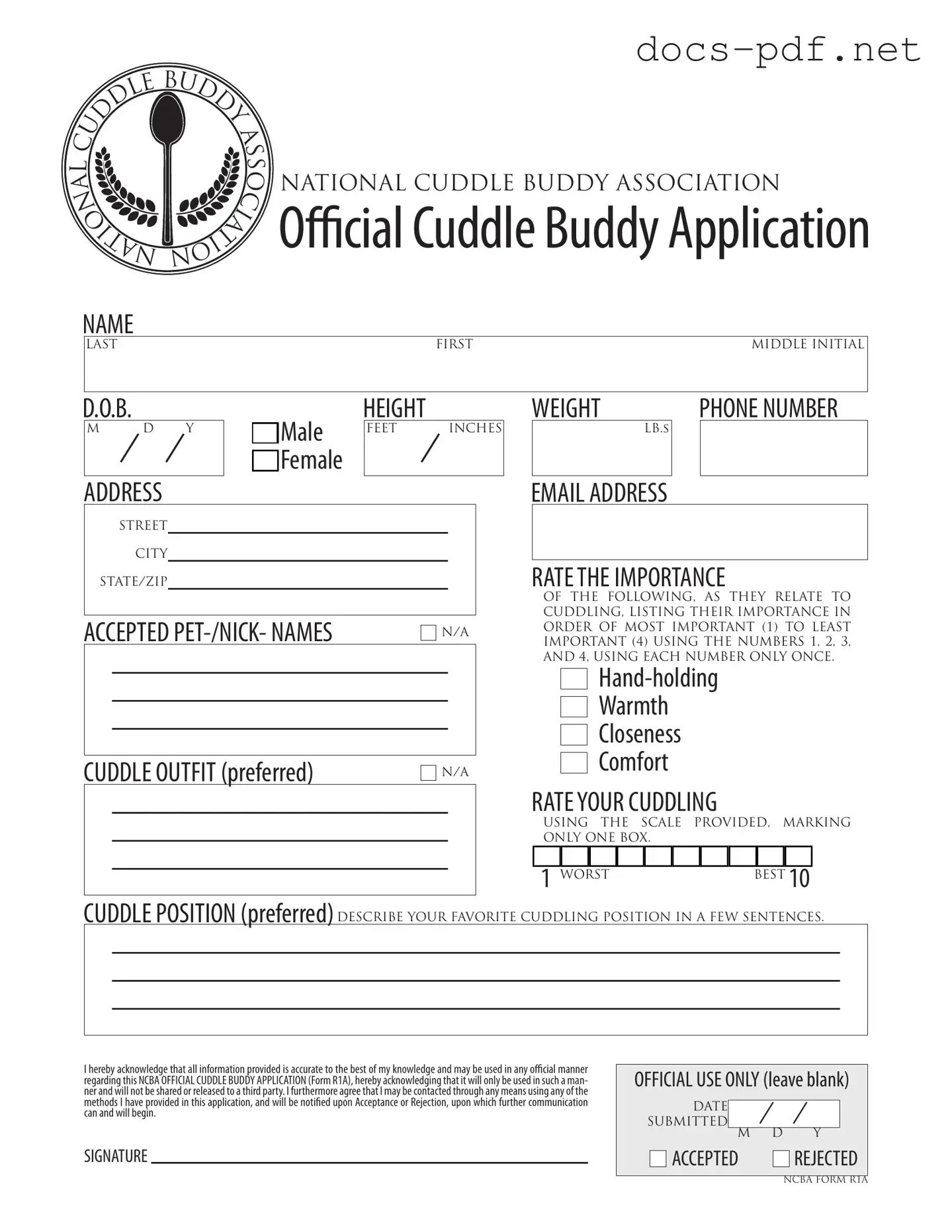 Cuddle Buddy Application Form in PDF