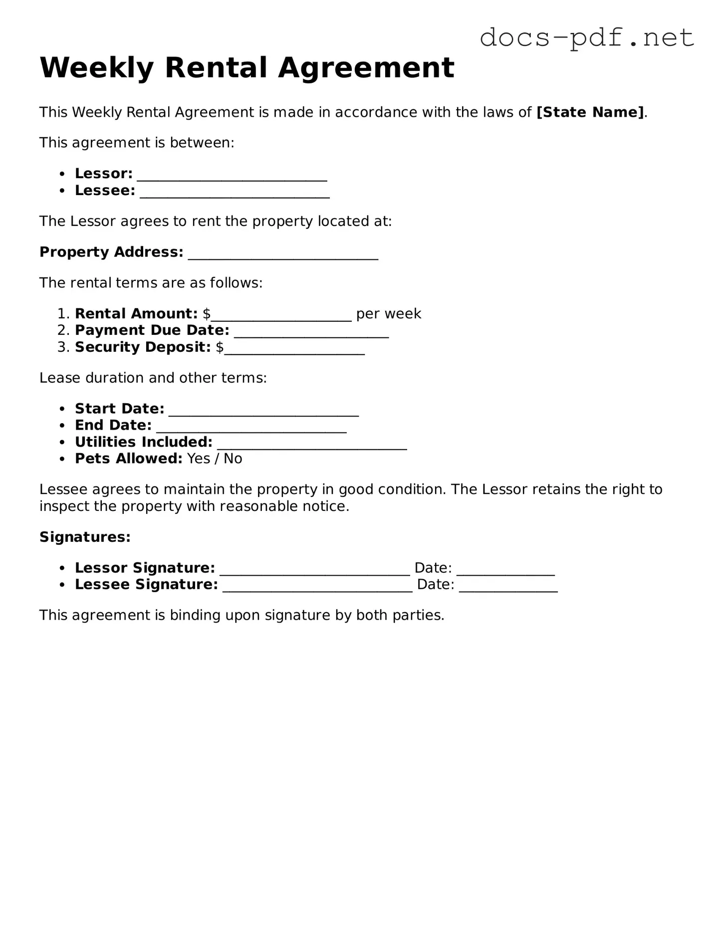 Free Weekly Rental Agreement Document