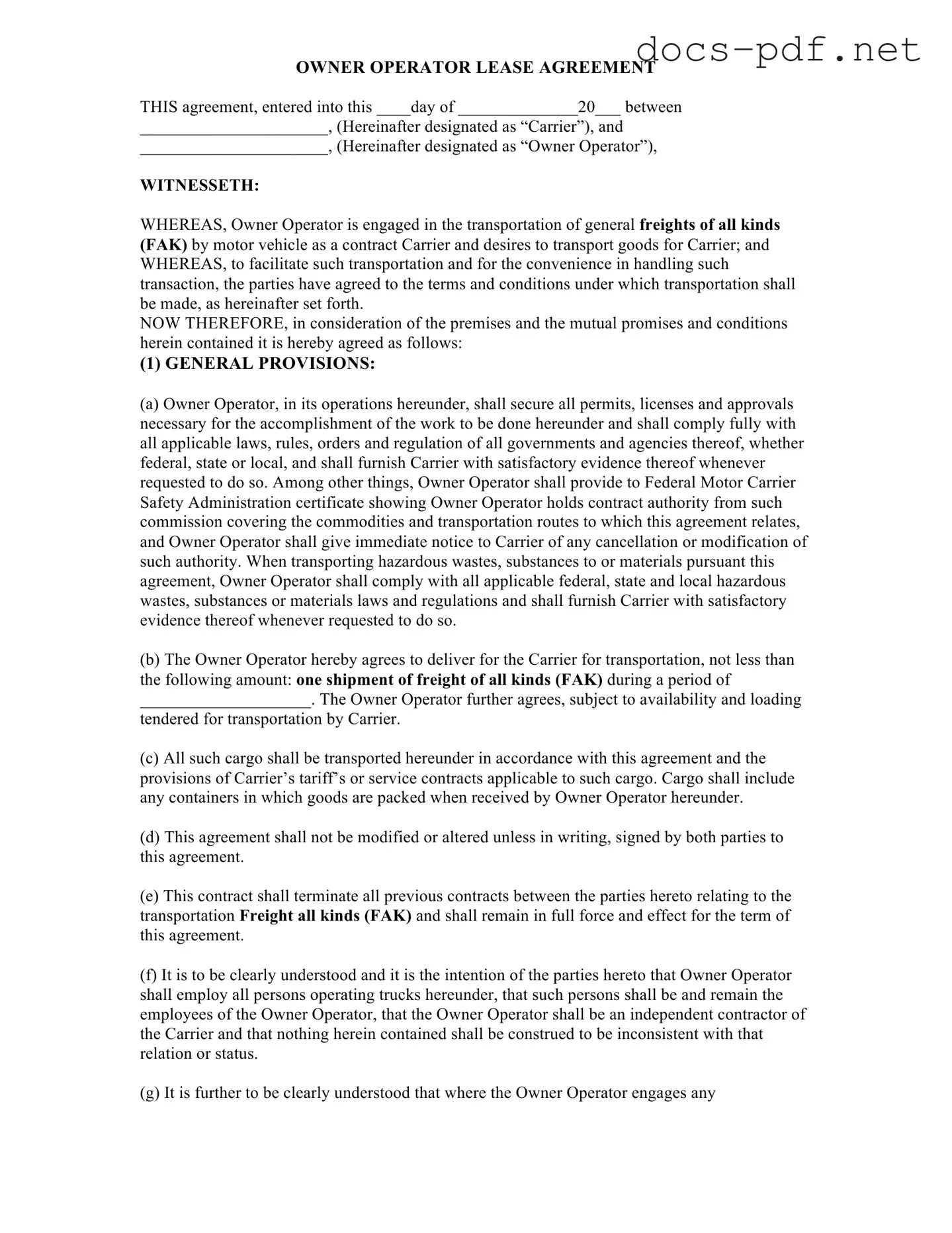 Owner Operator Lease Agreement Form in PDF