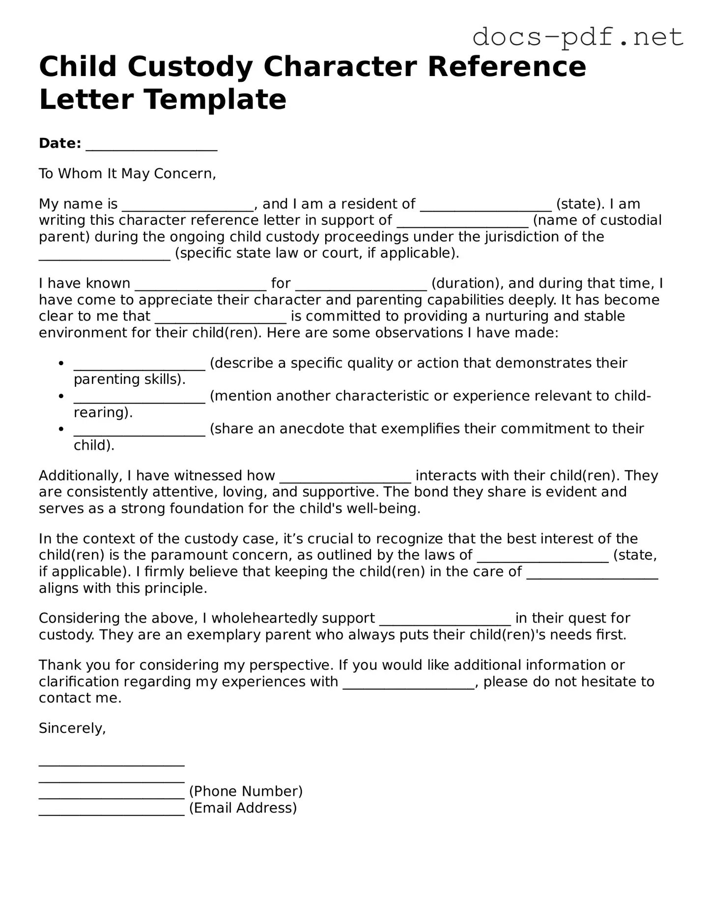 Free Character Reference Letter for Child Custody Document