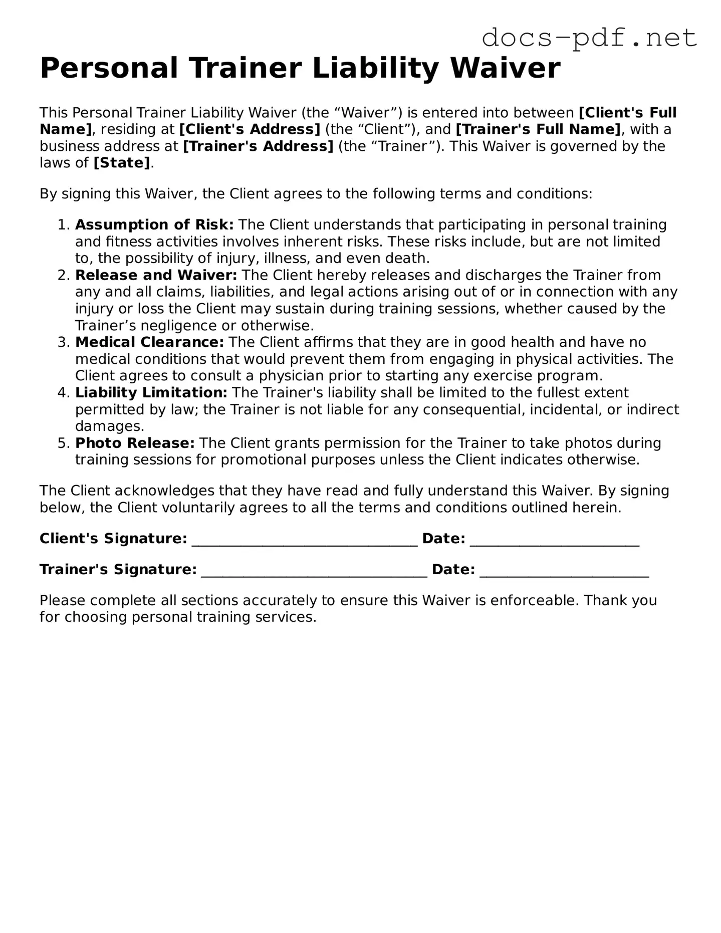 Free Personal Trainer Liability Waiver Document