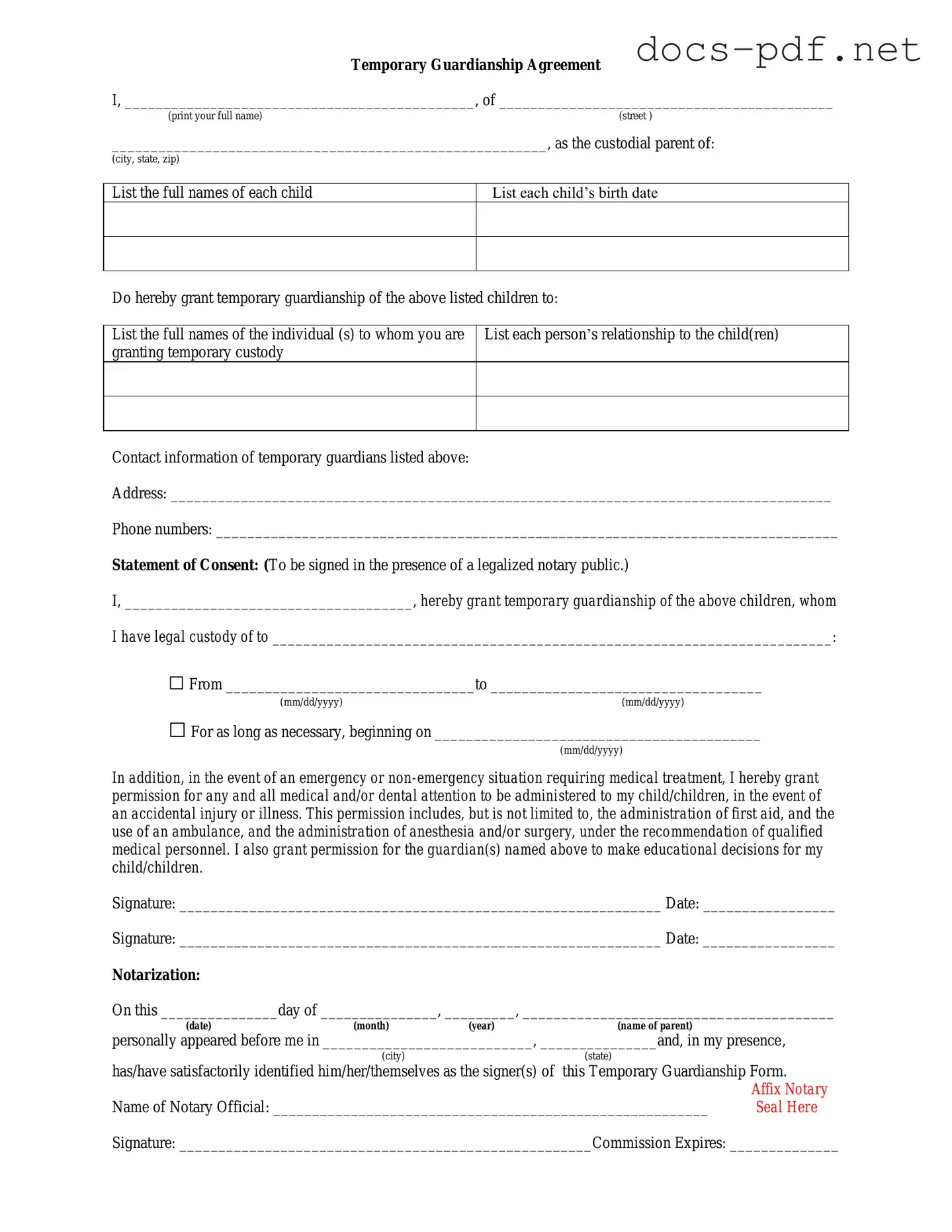 Temporary Custody Form in PDF