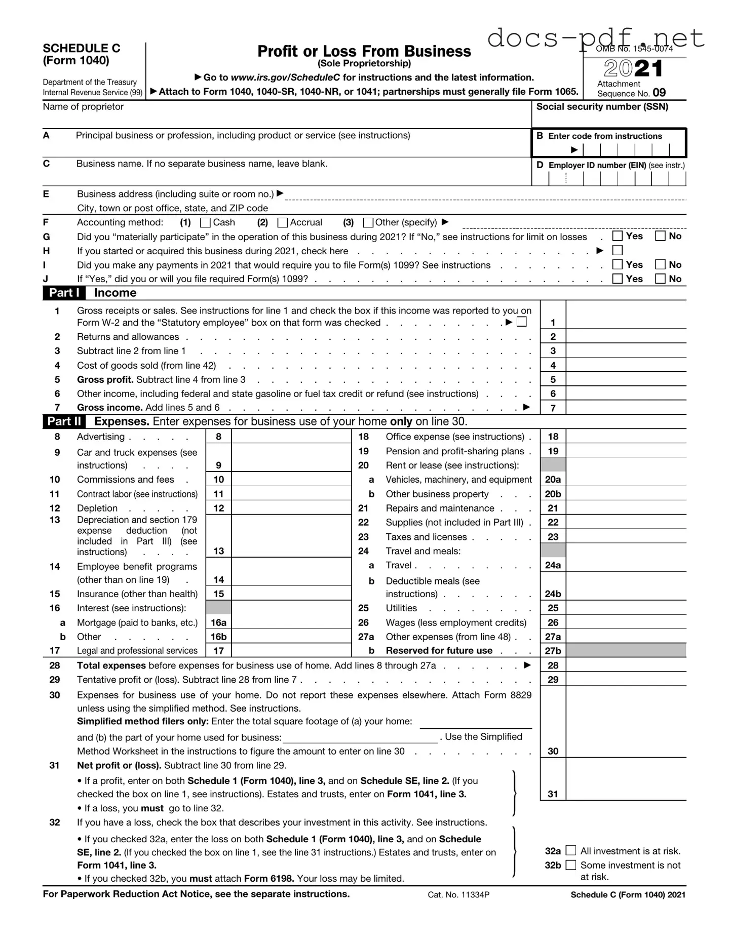 IRS Schedule C 1040 Form in PDF