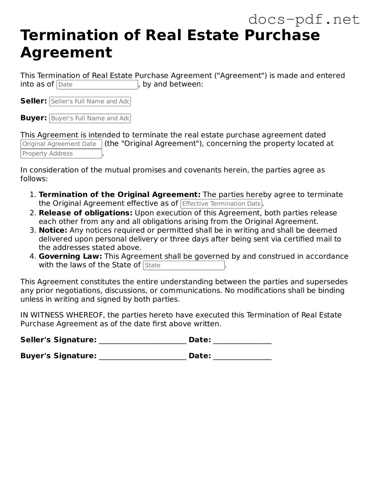 Free Termination of Real Estate Purchase Agreement Document