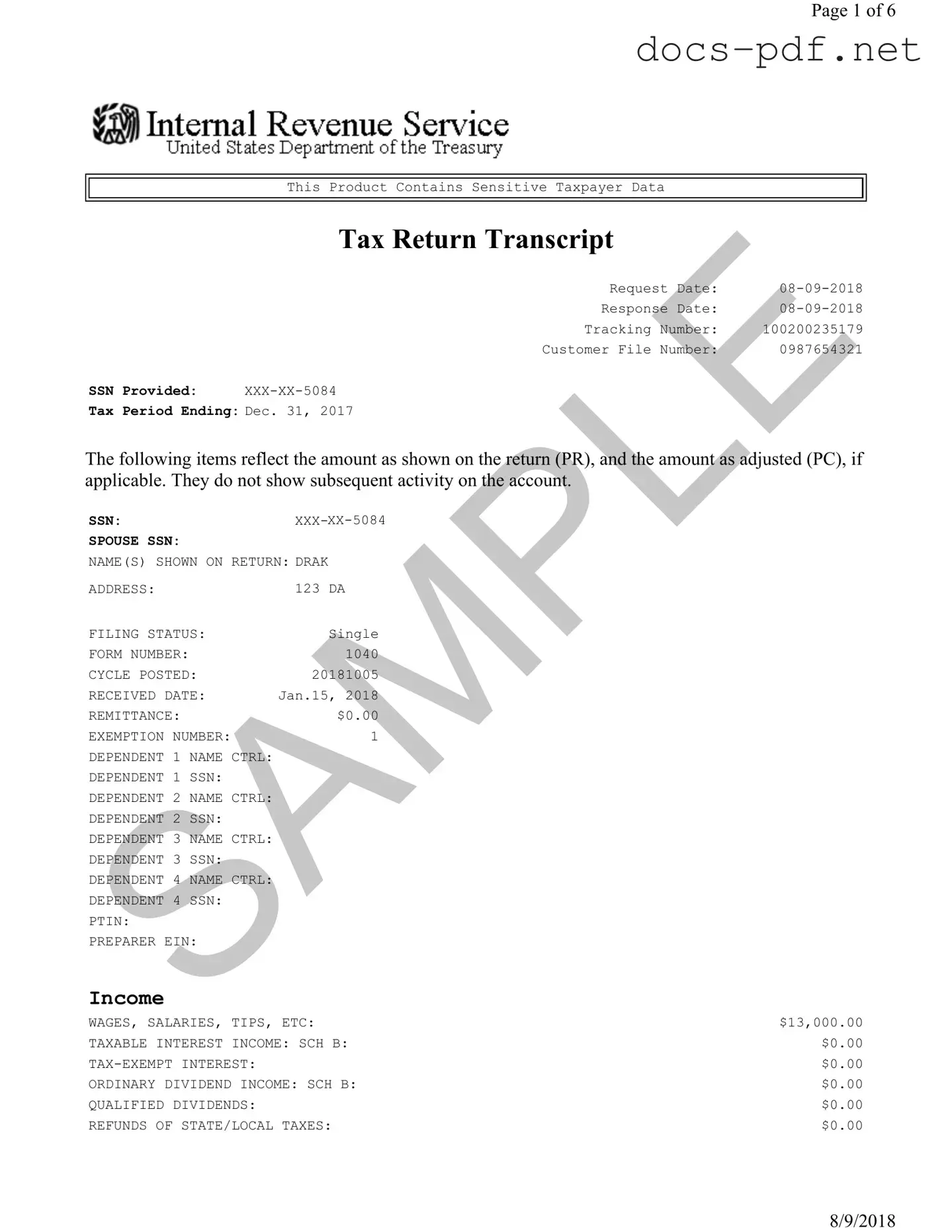 Sample Tax Return Transcript Form in PDF