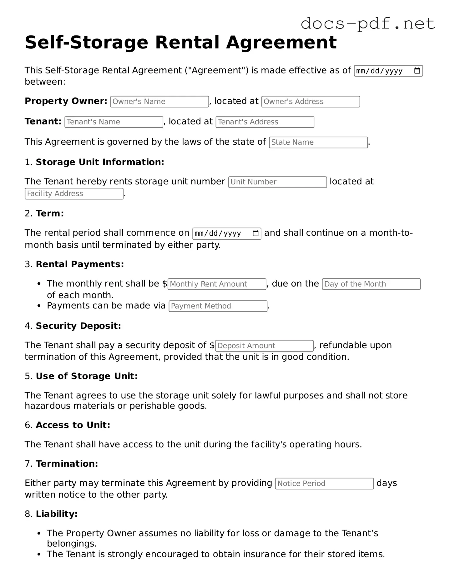 Free Self-Storage Rental Agreement Document