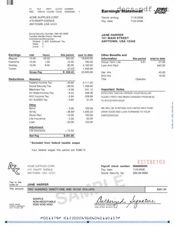 Adp Pay Stub Form in PDF