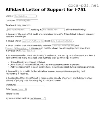 Free Affidavit Letter of Support for I-751 Document