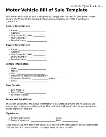 Free Motor Vehicle Bill of Sale Document
