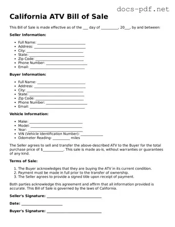 Official  ATV Bill of Sale Form for California