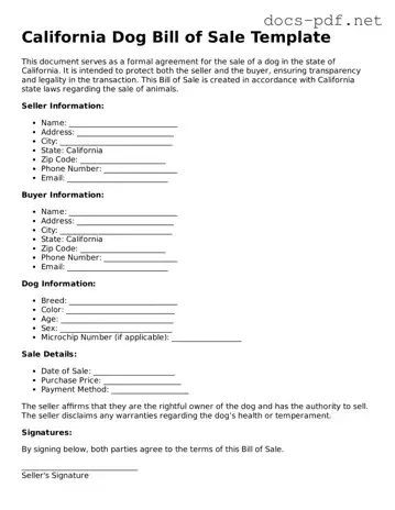 Official  Dog Bill of Sale Form for California