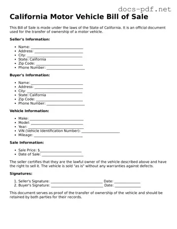 Official  Motor Vehicle Bill of Sale Form for California
