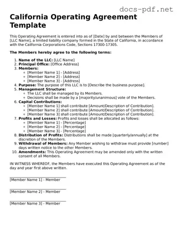 Official  Operating Agreement Form for California