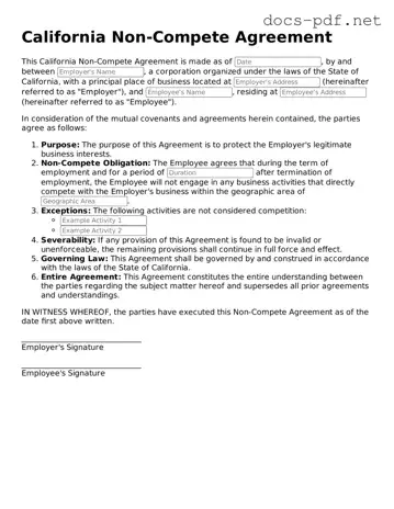 Official  Non-compete Agreement Form for California