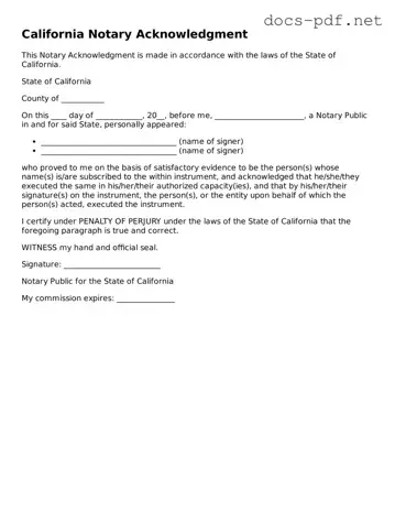 Official  Notary Acknowledgement Form for California
