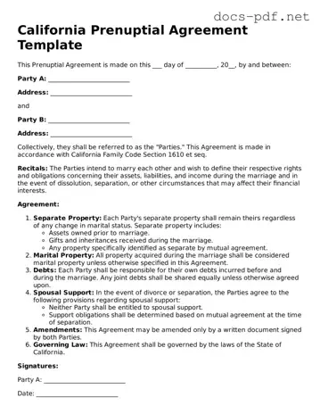 Official  Prenuptial Agreement Form for California